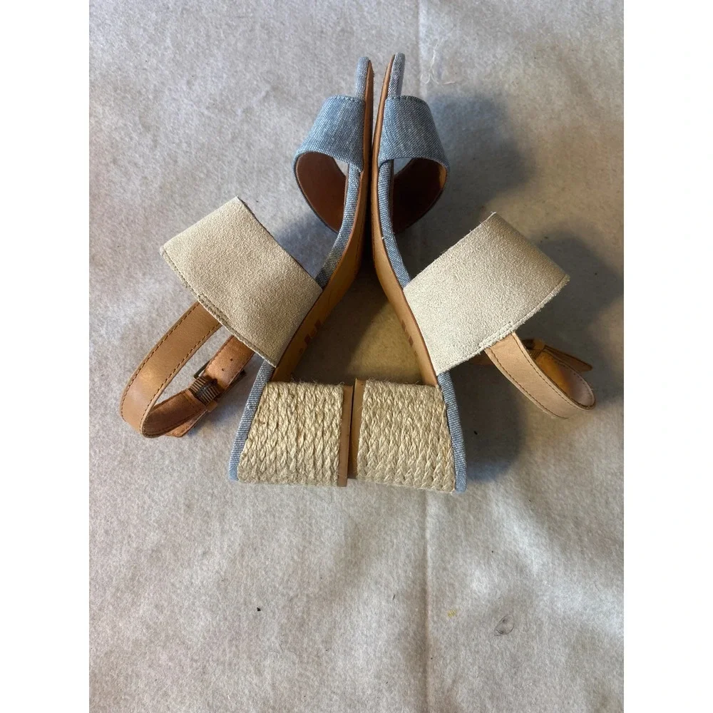 TOMS Block‎ Heel Sandals Womens 7.5 Blue Cream Tan Good Mixed Media Espadrille